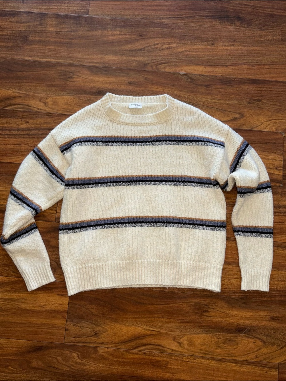 Others Follow Cream Crewneck Sweater with Navy and Tan Stripes